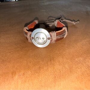 Brown Vegan Leather Bracelet with Silver Smiley Face